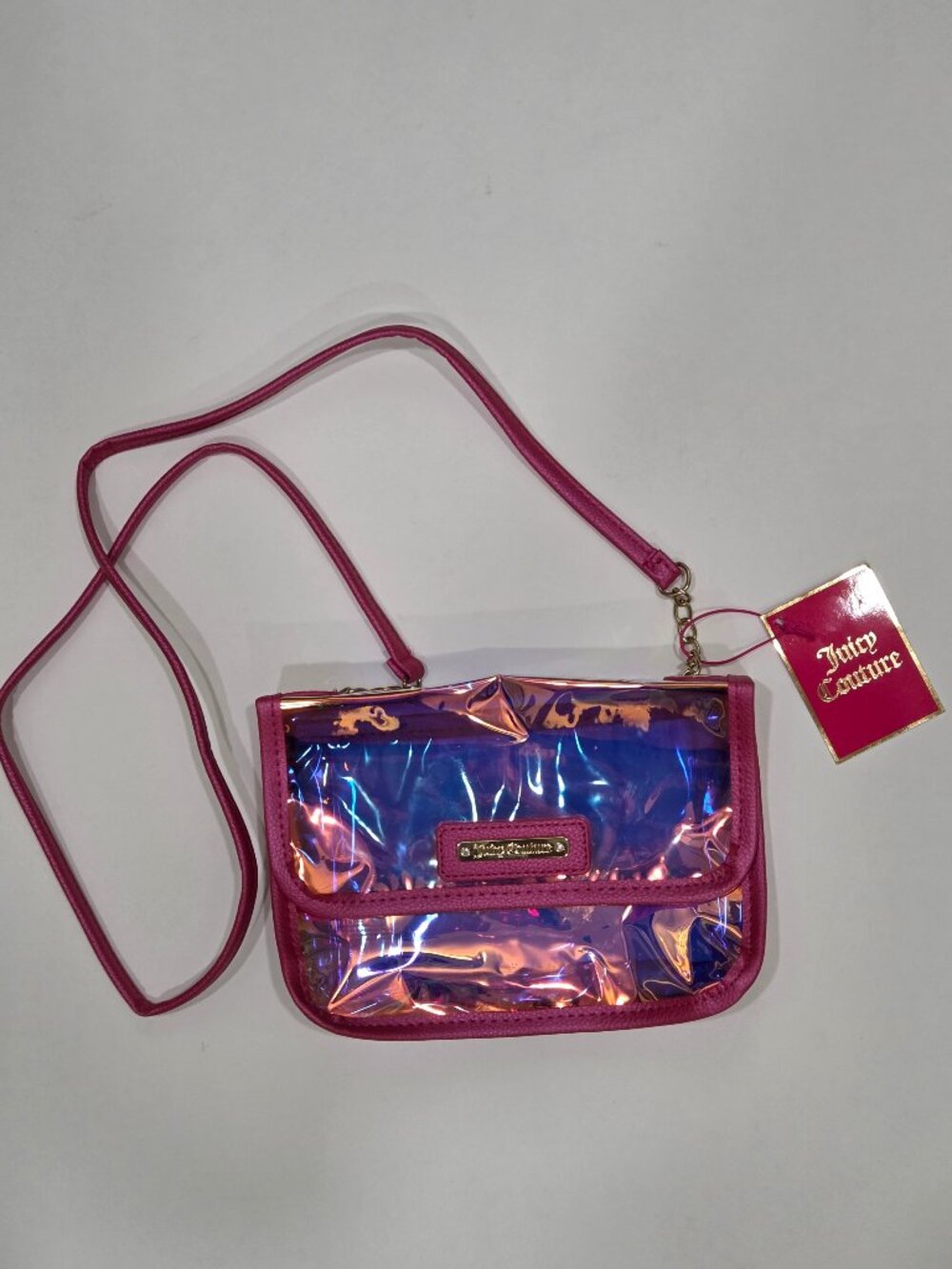 Pink and holographic iridescent clear vinyl crossbody bag by Juicy Couture with